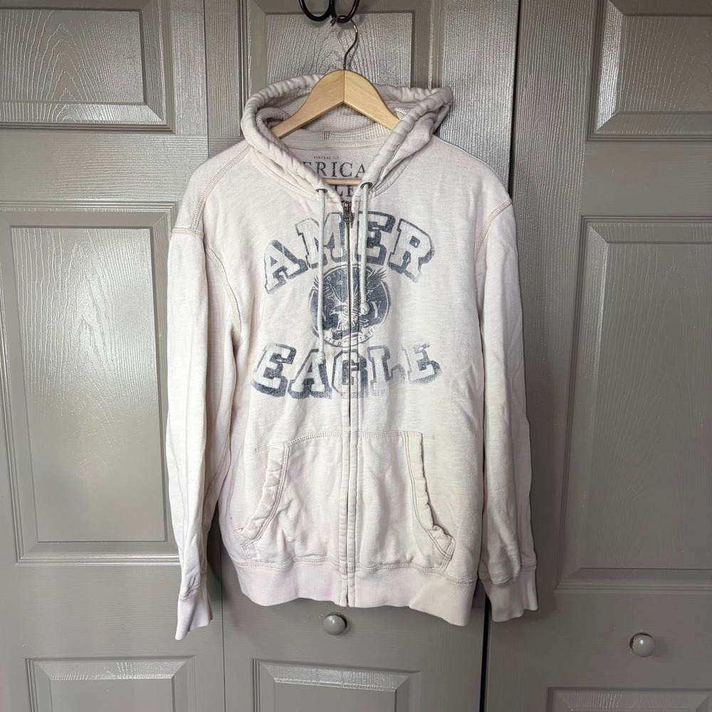 American Eagle Mens Y2K Cream Zip Up Hoodie Graphic Logo Vintage Fit XL